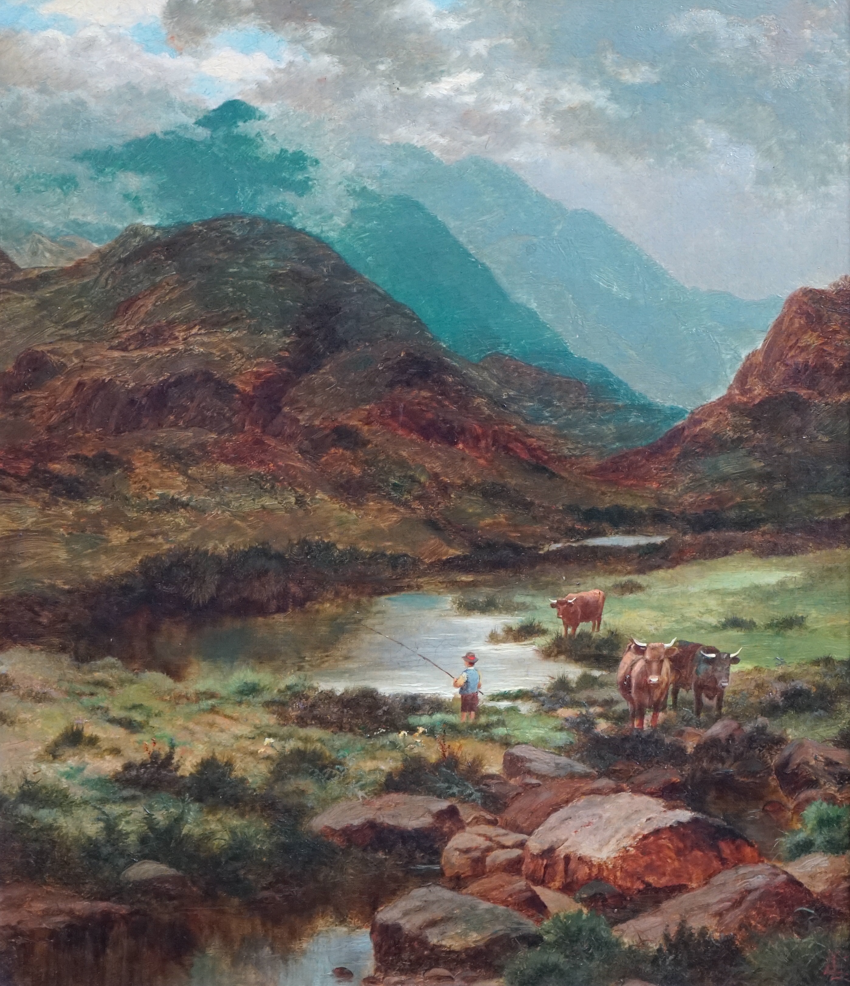 Edgar Longstaffe (British, 1852-1933), Highland landscapes with cattle and angler, oil on canvas, a pair, 35 x 30cm